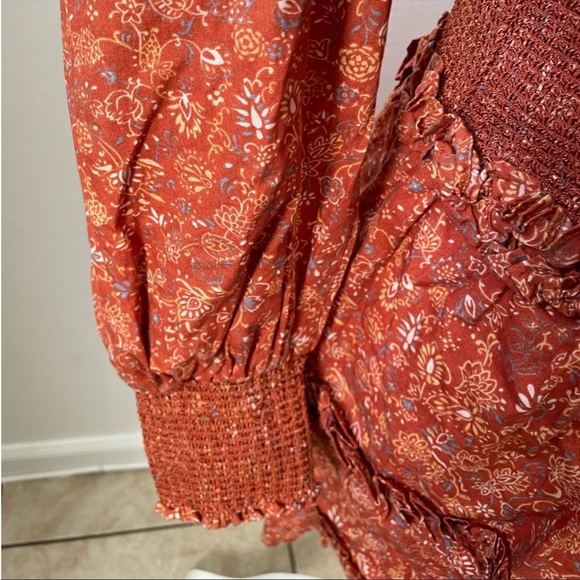 House Of Harlow 1960 Wallis Rust Peasant Western Style Smocked Dress Size XS - Picture 7 of 12